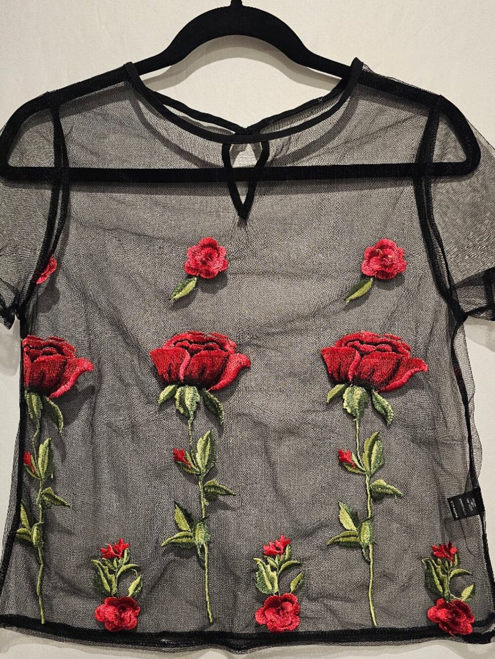 Forever 21 Women's Sheer Mesh Rose Embroidered Top Black Short Sleeve S